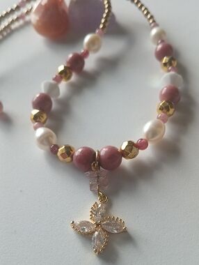 Pink Rhodonite & Gold Plated Hematite Beaded Necklace with Floral Pendant